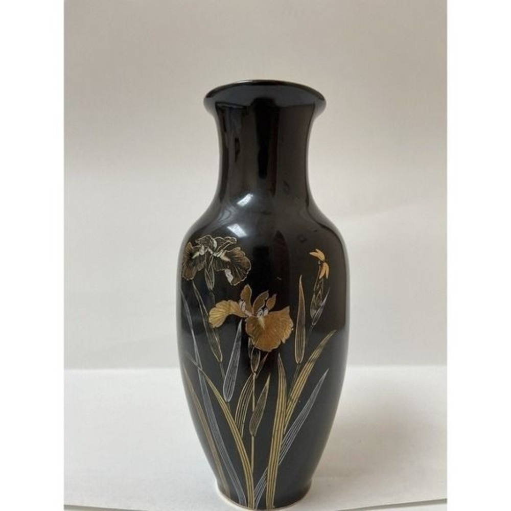 Golden Iris Japan Black Ceramic Bud Vase Gold Silver Floral Iris Vintage 8 Inch
